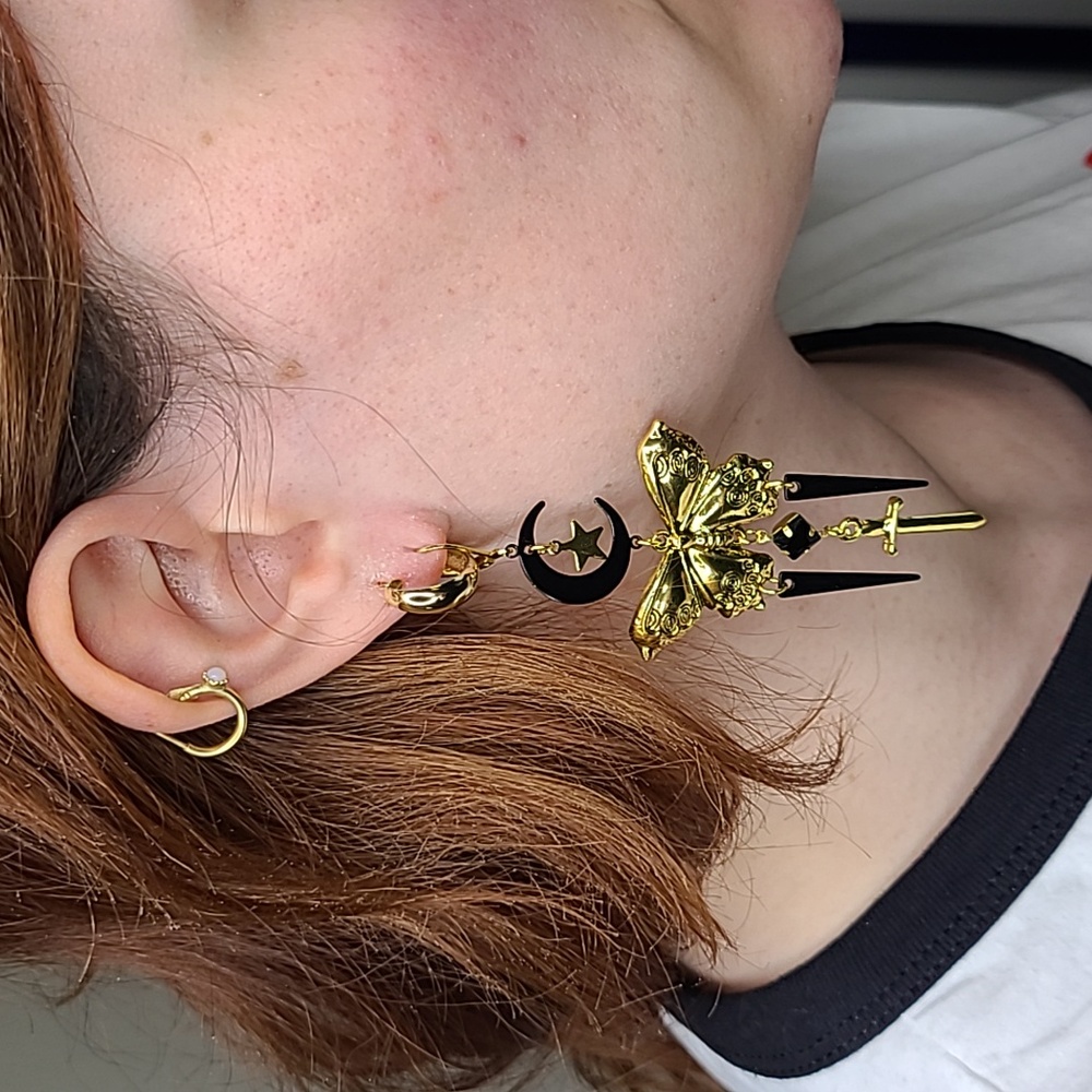 Butterfly Earrings Gold Tone Black Dagger Moon Star Crystal Statement Long New